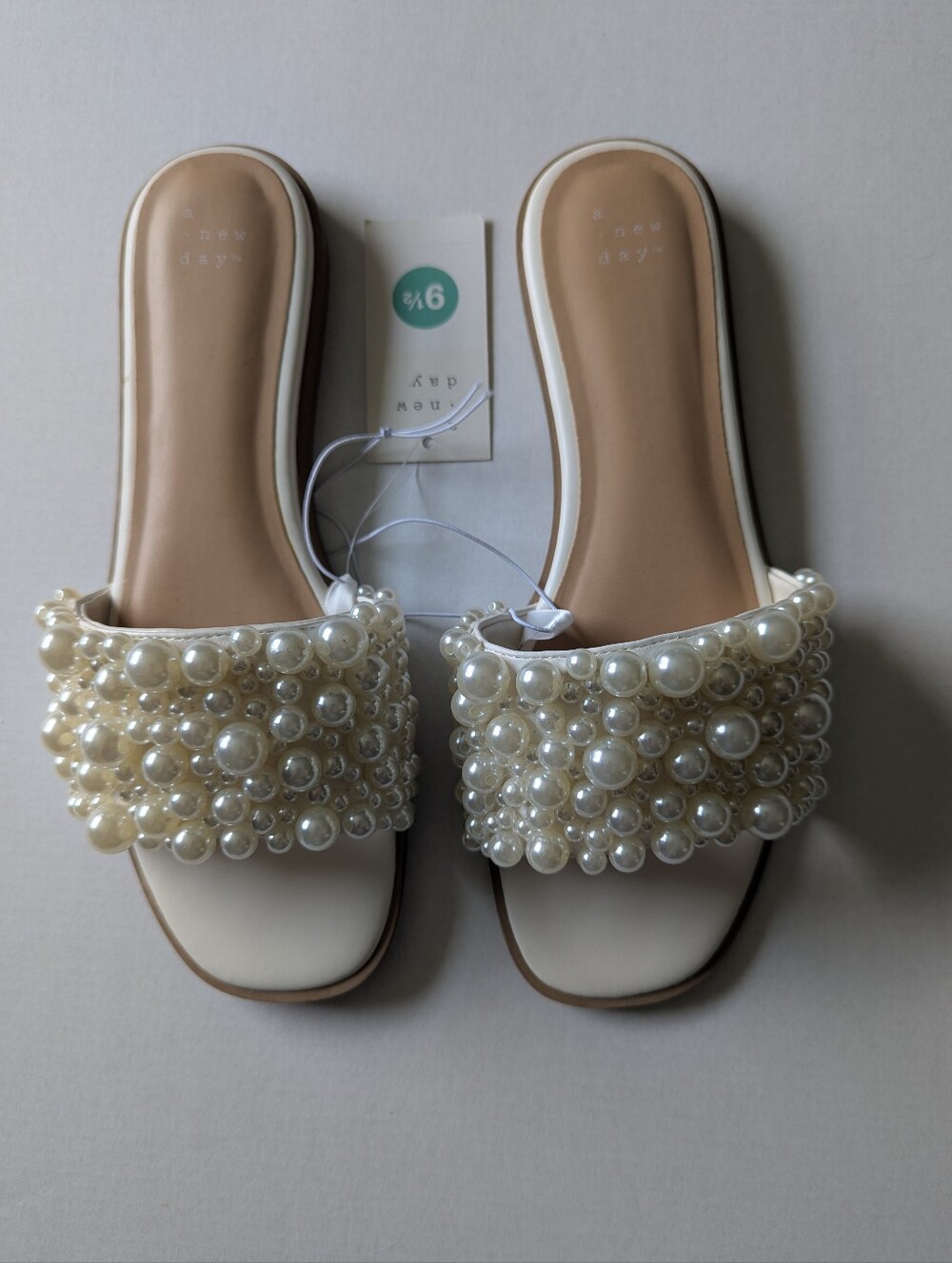 A New Day Women's Pearl-Embellished White Slide Sandals